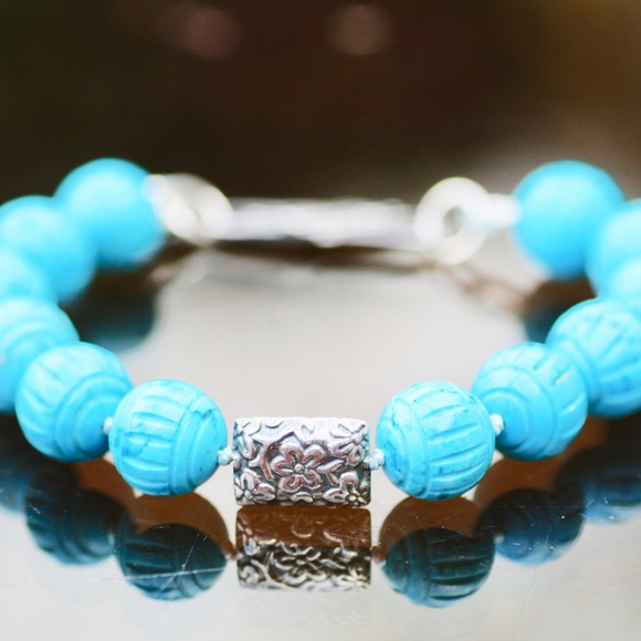 Natural Carved Turquoise Bracelet Handmade Sterling Silver 11th Anniversary - Picture 6 of 10